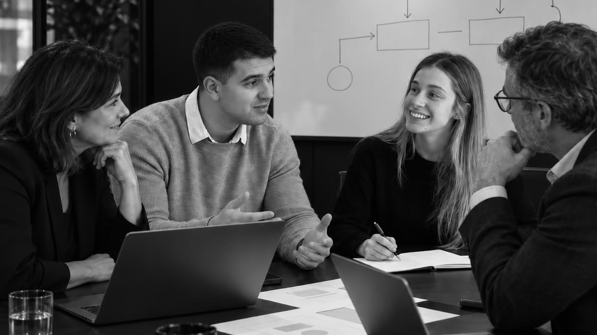 Reunión de trabajo frente a un diagrama de proceso en la pizarra