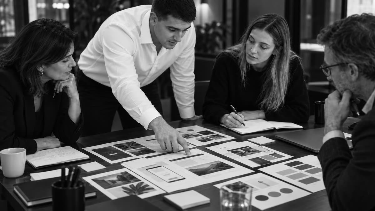 Equipo revisando las pantallas impresas del proyecto sobre la mesa